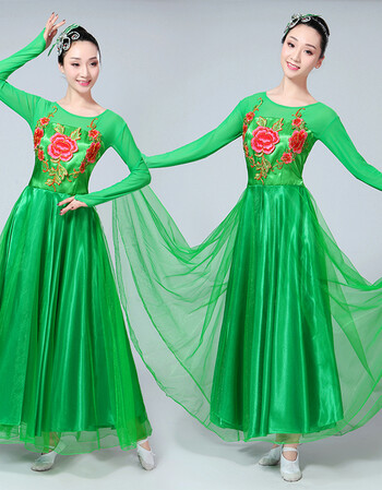 开场舞大摆裙演出服新款民族舞蹈服装现代连衣裙合唱服长裙女 荧光绿