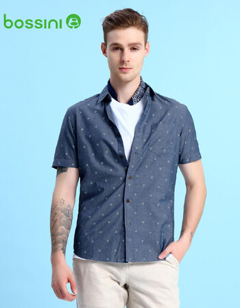 堡狮龙bossini 印花休闲修身短袖衬衫 靛青色 l