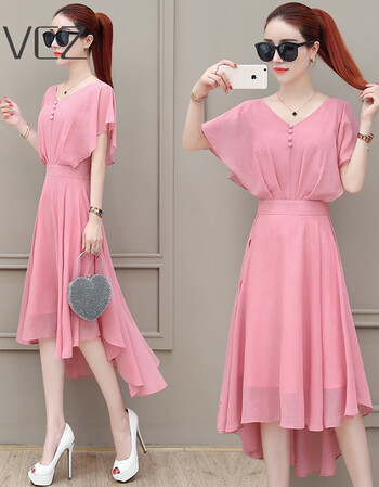 雪纺连衣裙女夏季2018新款韩版收腰显瘦夏装女装气质v领中长裙子 粉色
