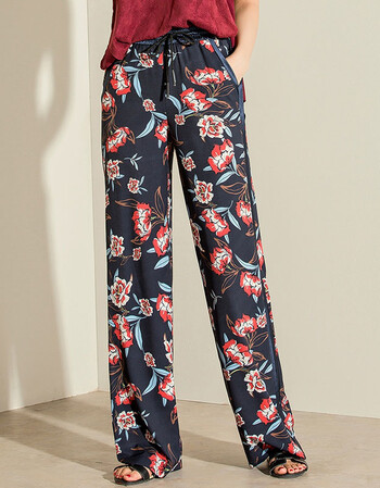 2018夏季花裤子女直筒长裤薄款松紧腰冰丝运动休闲裤阔腿裤女 深花色