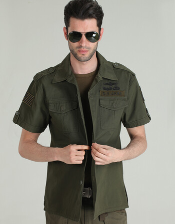 自由纵队 军迷户外军装男夏装衬衣 空降师全棉休闲军绿短袖衬衫 军