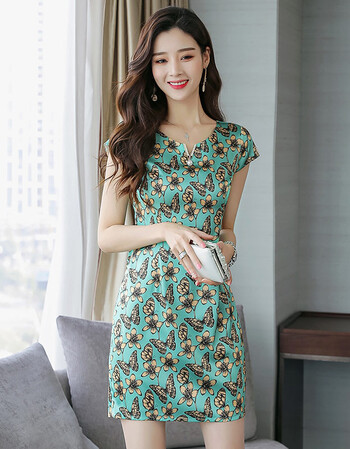 新品真丝连衣裙女2018夏季新款时尚修身气质短袖桑蚕丝丝绸连衣裙