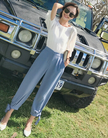 裤子套装女2018夏季新款网红晚晚风气质女神范时尚两件套 白上衣 蓝裤