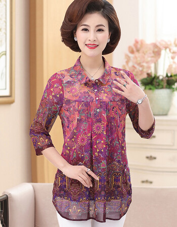 中年妈妈春夏装加肥码雪纺衬衣中老年人女装印花短袖t恤上衣 紫色 5xl