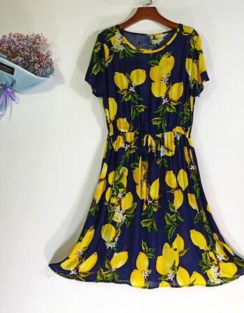 2018夏季人造棉连衣裙女中长款短袖收腰抽绳韩版显瘦棉绸裙子 柠檬