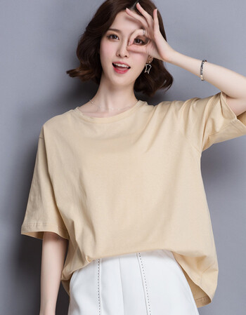 sz2018夏款女装韩版圆领纯色宽松棉质t恤短款基础衫短袖上衣女 杏色