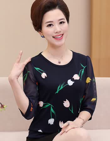 中老年女装夏装雪纺长袖t恤中年人40-50岁妈妈装上衣打底衫 88中袖