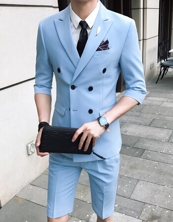 帅气修身一套西服九分短裤套装夏 浅蓝色五分裤套装 3xl(西装 裤子)