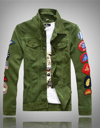 男春潮韩版牛仔夹克男修身长袖牛仔外套男士白色补丁贴布上衣 军绿色