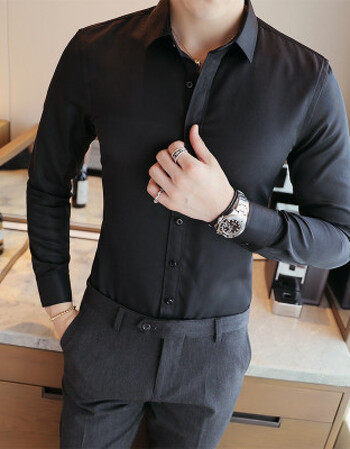 2018新新款男士纯色正装西服衬衫时尚修身休闲长袖四季款衬衣工作服