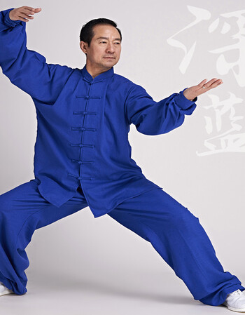 太极拳套装长袖亚麻太极服装春夏男女高档手工练功服 深蓝色 xxl