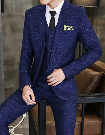春夏新款潮流格子西装三件套装男英伦绅士发型师新郎结婚礼服正装 t