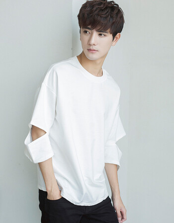 七分袖男港风男装2018新款韩版潮流学生宽松7分上衣服男生短袖t恤