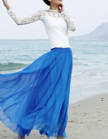 8米大摆半身裙女沙滩长裙金丝雪纺舞裙中长款春夏chic高腰裙 天蓝色 m