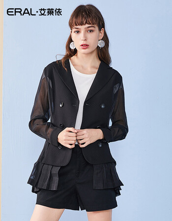 艾莱依中长款长袖纯色通勤春装新款西装外套女eral30018-exab 石英黑