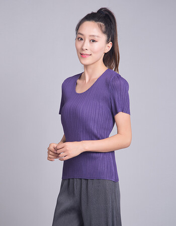 梵藜三宅女装夏秋高领打底背心工字褶修身褶皱上衣大码短袖打底衫t桖