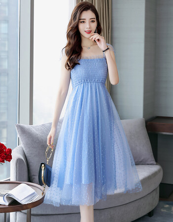 夏季小清新仙女网纱连衣裙女夏2018新款温柔收腰显大裙摆a字裙 蓝色 s