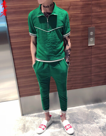 2018新款短袖精神t恤运动套装社会年轻小伙网红半袖一套休闲衣服 绿色