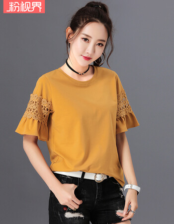 粉视界短袖t恤女2018夏季新款纯棉女装圆领口袋纯色镂空松短袖t恤时尚