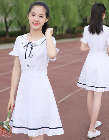 青少女夏季连衣裙韩版初中学生女装修身2018小清新娃娃领连衣裙子