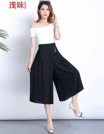 浅昧 阔腿裤女夏2018新款女装时尚高腰雪纺休闲薄款七分裙裤学生宽松