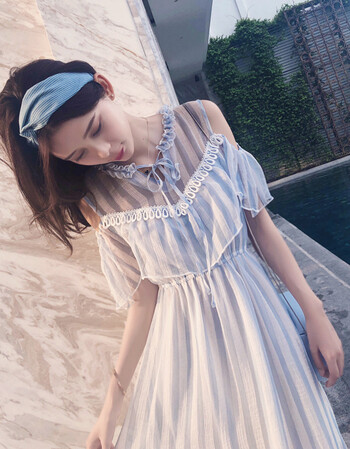 连衣裙女2018夏装新款韩版修身温柔条纹收腰少女裙子夏潮 蓝白条纹 s