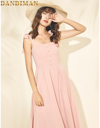 dandiman复古吊带长裙女夏2018显瘦无袖高腰系带裙子樱花粉连衣裙