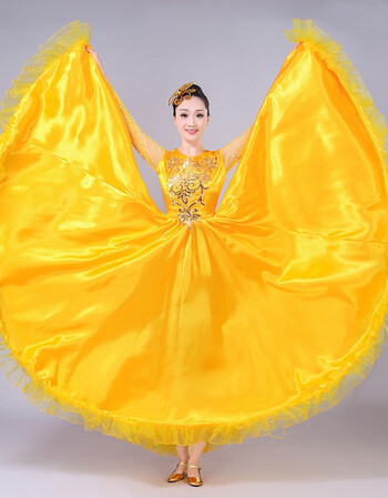 开场舞大摆裙演出服新款民族舞蹈服装女伴舞现代舞合唱服长裙 黄色720