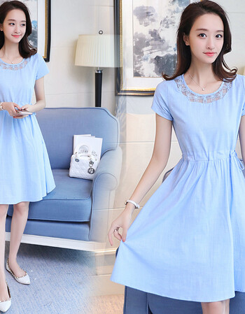 夏季新款裙子大码女装中长款短袖修身显瘦时尚文艺棉麻连衣裙 浅蓝色