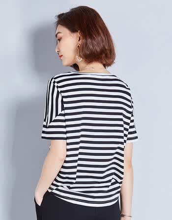 横条纹t恤女纯棉短袖衣服女夏2018新款夏装韩版字母体恤宽松休闲 黑
