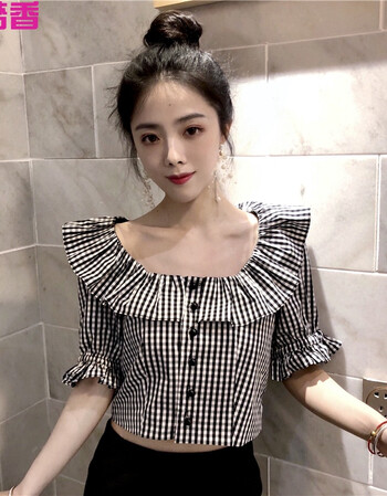 黑白格纹大u领露肩荷叶边短款上衣女短袖格子可斜肩衬衫装 黑白格子