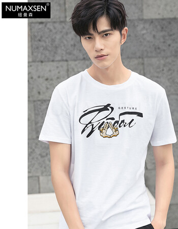 numaxsen轻奢品牌短袖t恤男人物印花黑色圆领休闲上衣2018夏季新款 精
