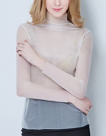 梵藜内搭网纱蕾丝超薄高领打底衫女长袖2017新款透明上衣 白色 xl