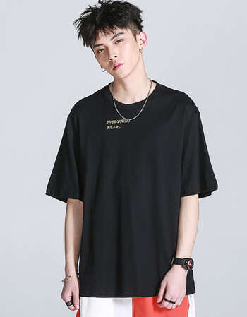 柯兰曼夏季男生日系字母刺绣潮牌男短袖t恤衫宽松休闲圆领上衣 黑色 m