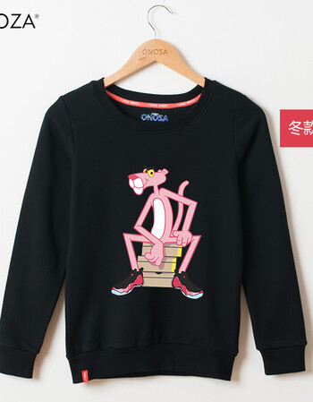 onoza2015春秋季新款韩版纯色圆领卫衣 休闲粉红豹印花卫衣外套 黑色