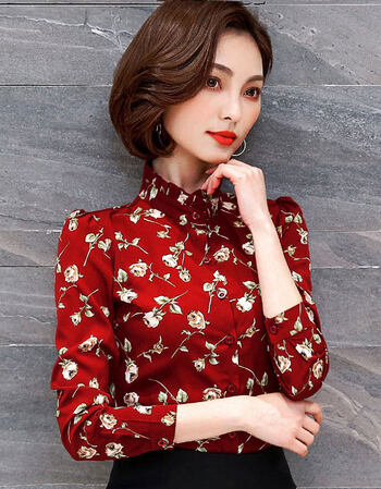 洋气花衬衫女潮长袖雪纺小碎花时尚女士衬衣2018春装新款寸衫上衣