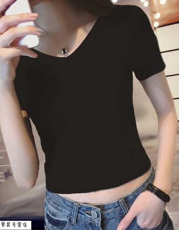 露脐短袖女夏韩版修身v领纯棉漏肚脐超短款恤女紧身性感高腰上衣 黑色