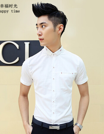 幸福时光衬衫男夏季男士薄款休闲大众韩版修身纯色短袖衬衫t恤潮男装