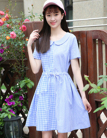 裙子女2018新款娃娃领修身初中学生夏装韩版连衣裙夏薄款 蓝色格子 xl