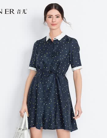 yiner音儿2016夏装新款 几何印花束腰修身真丝衬衣连衣裙86205790