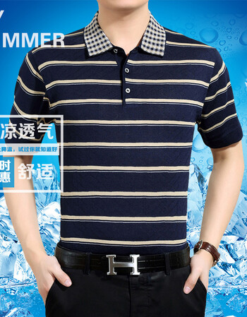 夏季新款男式t恤 中老年男装短袖冰丝翻领宽松休闲男t恤 522627藏青