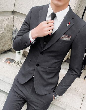 潮男英伦风个性色小西装男青年社会小伙时尚休闲西服套装 深灰色 46/s