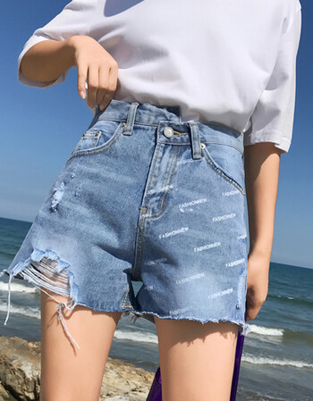 夏季新品不对称腰斜字母印花抓痕磨破毛边牛仔短裤女学生宽松热裤
