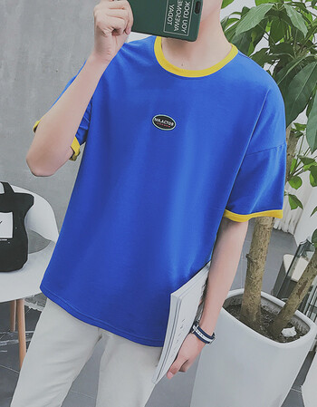 插肩袖年潮青流行短袖夏季常规日常宽松拼料纯色圆领t恤 蓝色 2xl