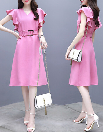 雪纺连衣裙流行女装2018夏季新款气质韩版慵懒风夏天港味裙子 粉色 l