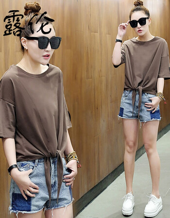 系带蝴蝶结纯棉短袖夏季t恤女2018夏装新款韩版宽松学生半袖体恤 棕色