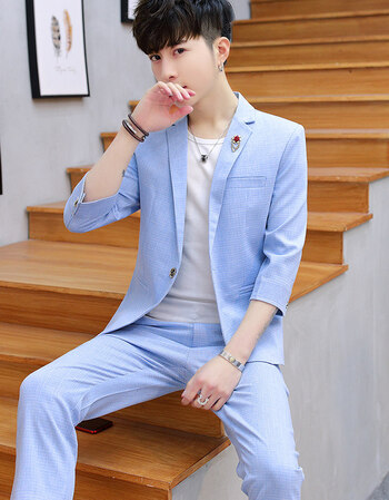 薄款七分袖小西装韩版修身时尚西服青年三件套 蓝色(上衣 裤子 t恤) l