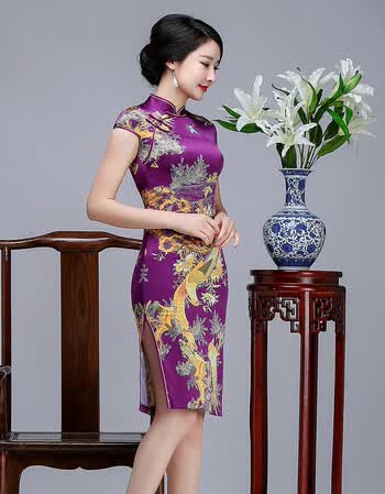 华族经典中国风中长款真丝旗袍连衣裙 夏装时尚大码桑蚕丝旗袍旗袍女