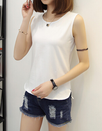 纯棉无袖上衣女背心夏韩版外穿打底宽松圆领黑色t恤女吊带打底衫 白色