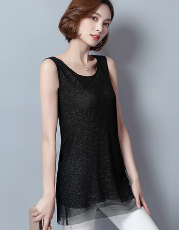 2018春夏新款显瘦中长款吊带背心女宽松上衣无袖网纱打底衫 黑色 xxxl